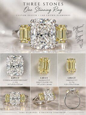 6.25 CTW 3 Stone Lab Grown Diamond Set IGI Cushion & Fancy Yellow Radiants